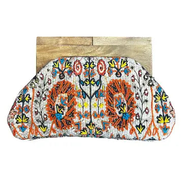 Tapestry Clutch Bag with Wood Handle