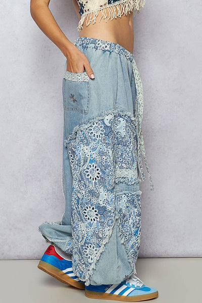 Floral Print Patchwork Twill Joggers