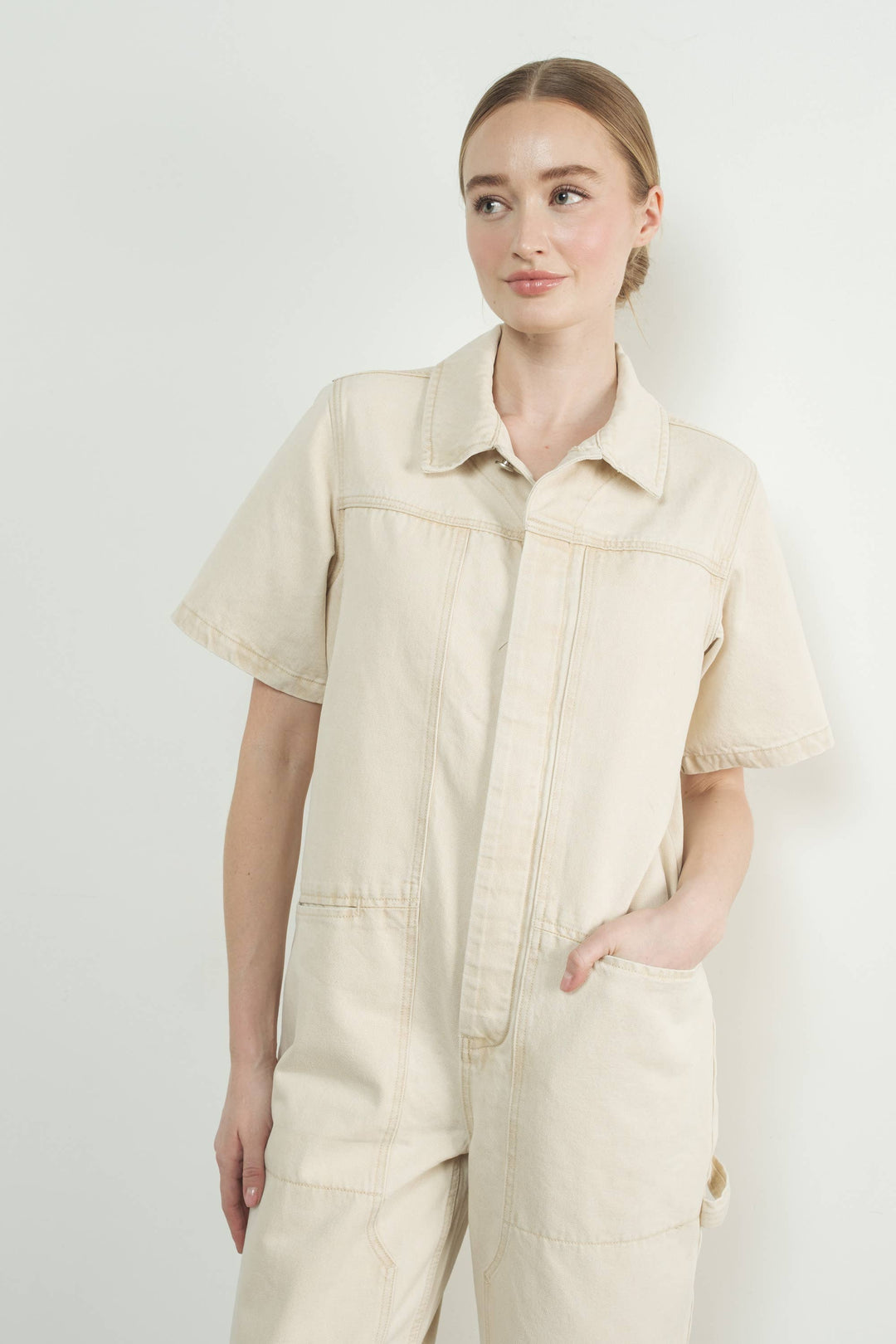 Denim Short Sleeve Collared Jumpsuit