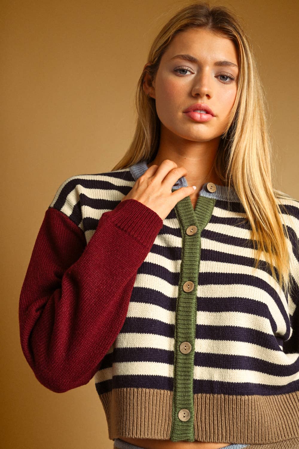 Stripe & Colorblock Button Cardigan