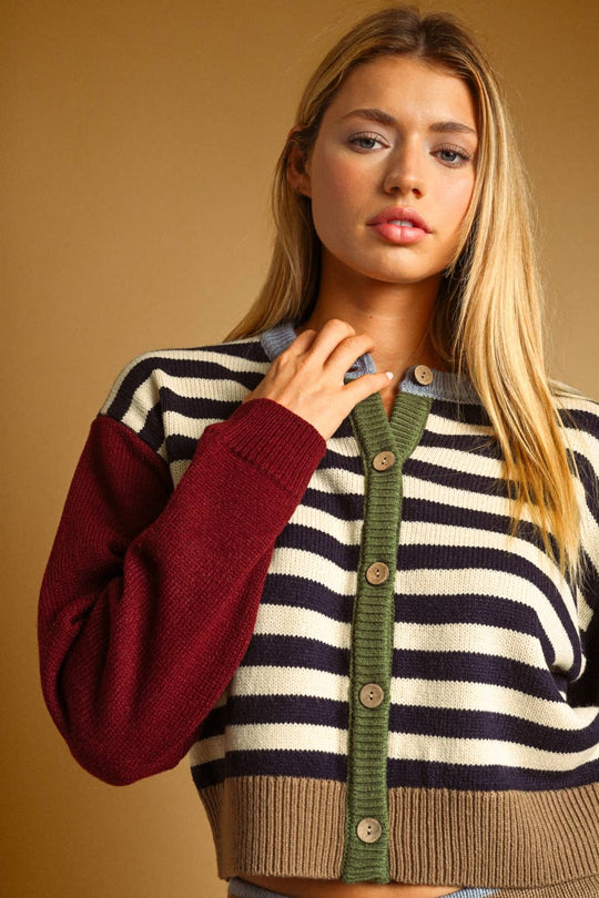 Stripe & Colorblock Button Cardigan