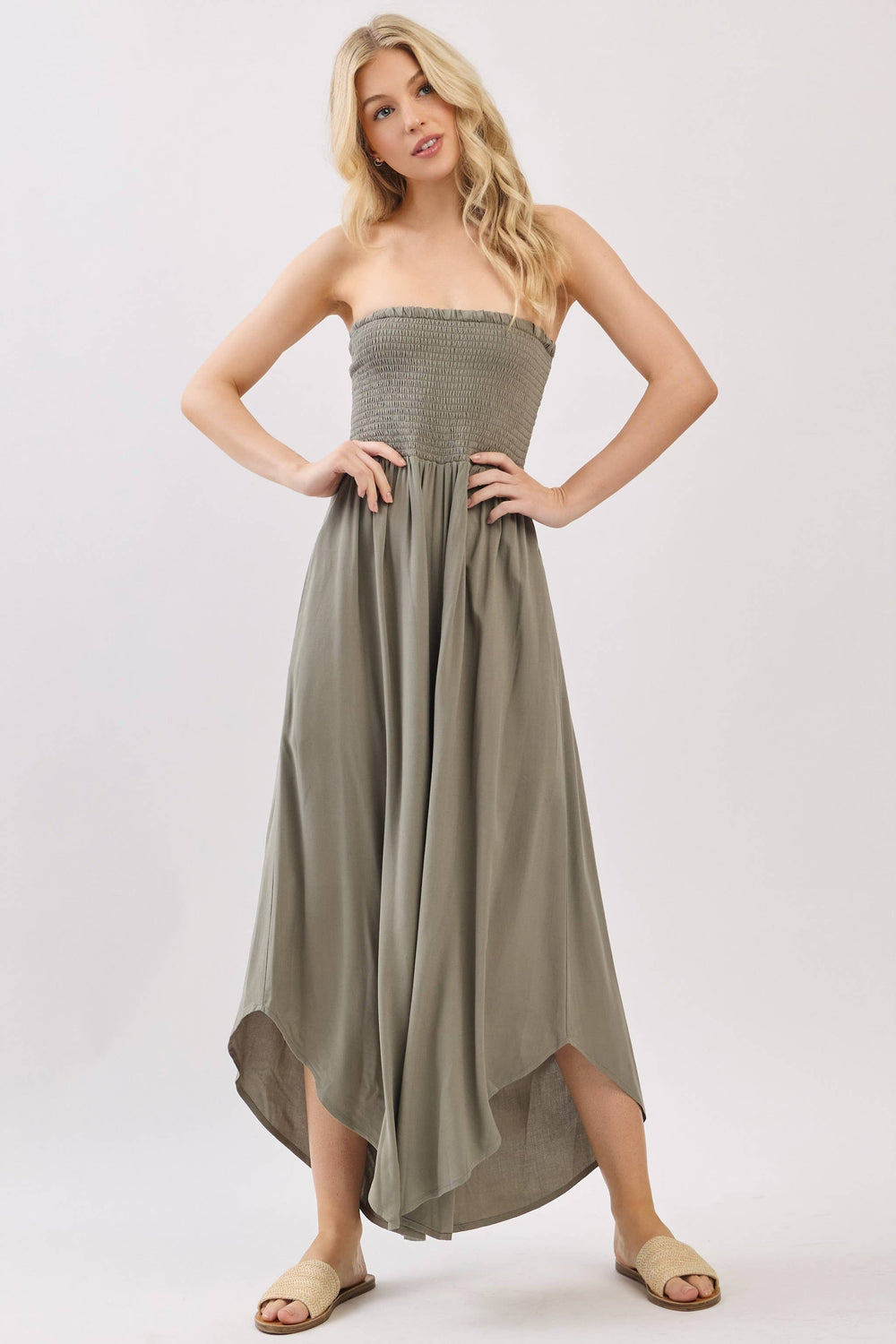 Solid Smocked Detailed Off Shoulder Jumpsuit