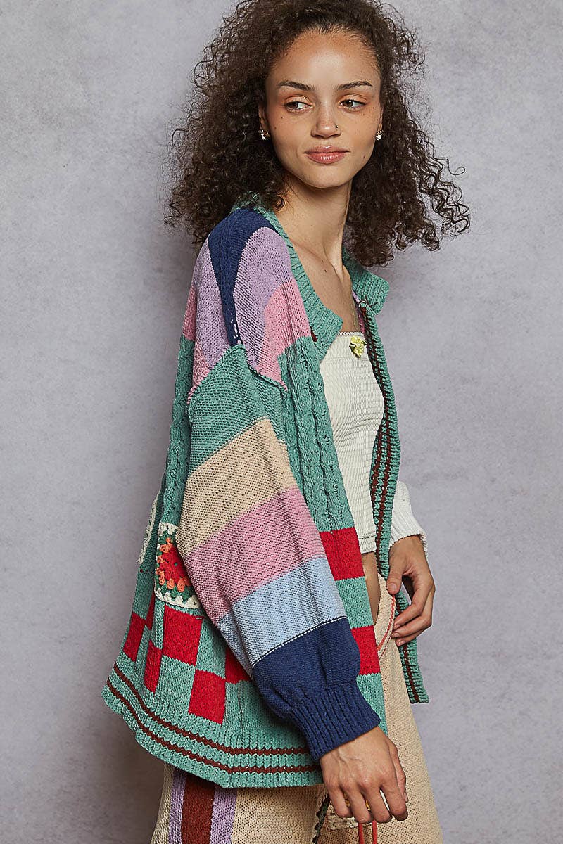 Balloon Sleeve Granny Square Open Cardigan