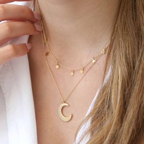 Gold Double Layer Stars And Moon Necklace