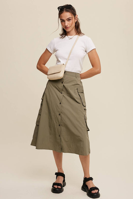 Parachute Button-Front Cargo Midi Skirt