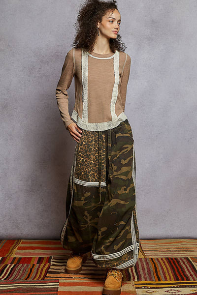 Long Sleeve Raw Edge Patch Rib Knit Top