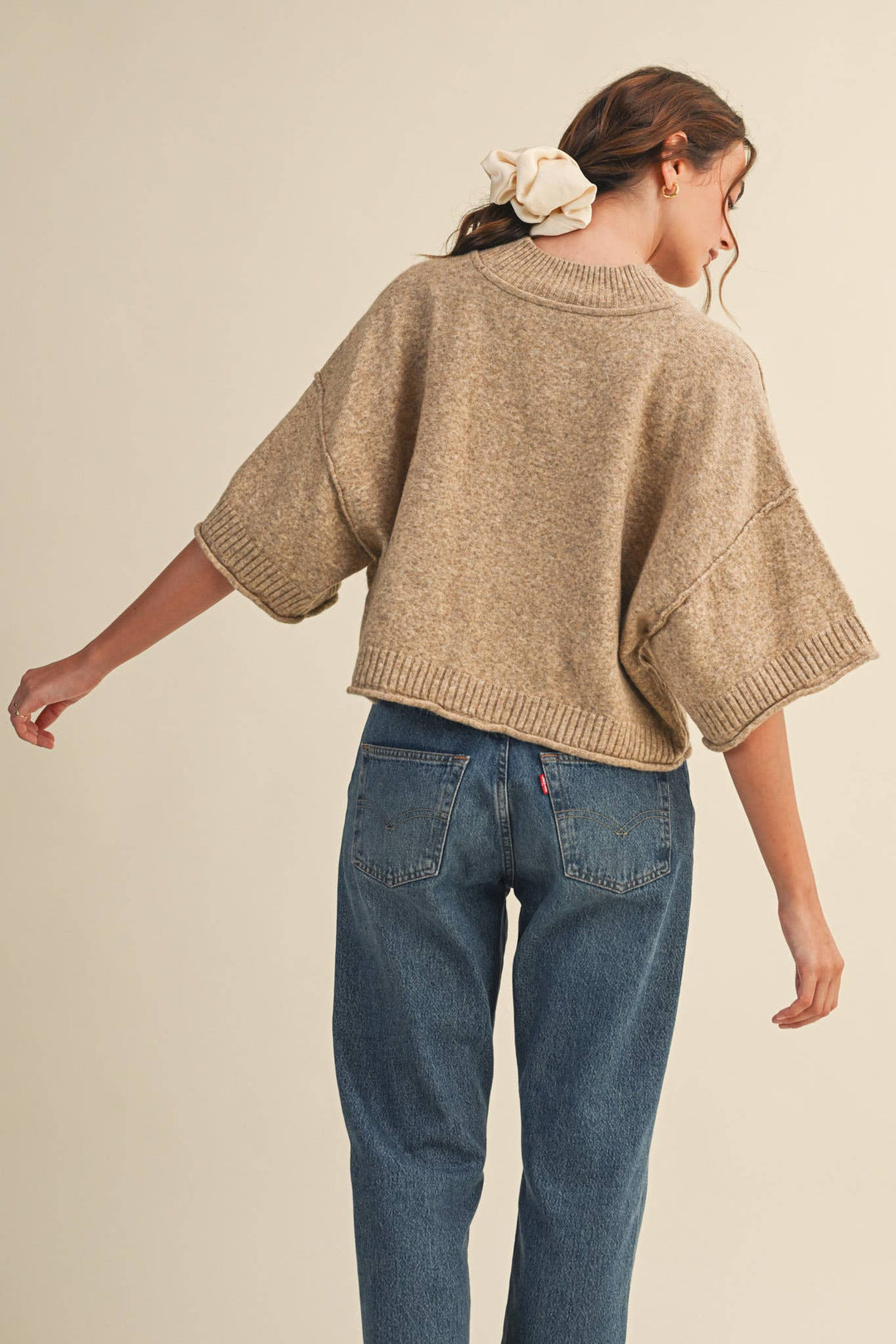 Marled Knit Mock Neck Short Sleeve Sweater