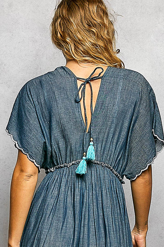 Embroidery Ruffle Neck Loop Cotton Denim V-neck Long Dress