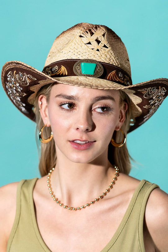 Vintage Western Hat With Embroidery Stone Band
