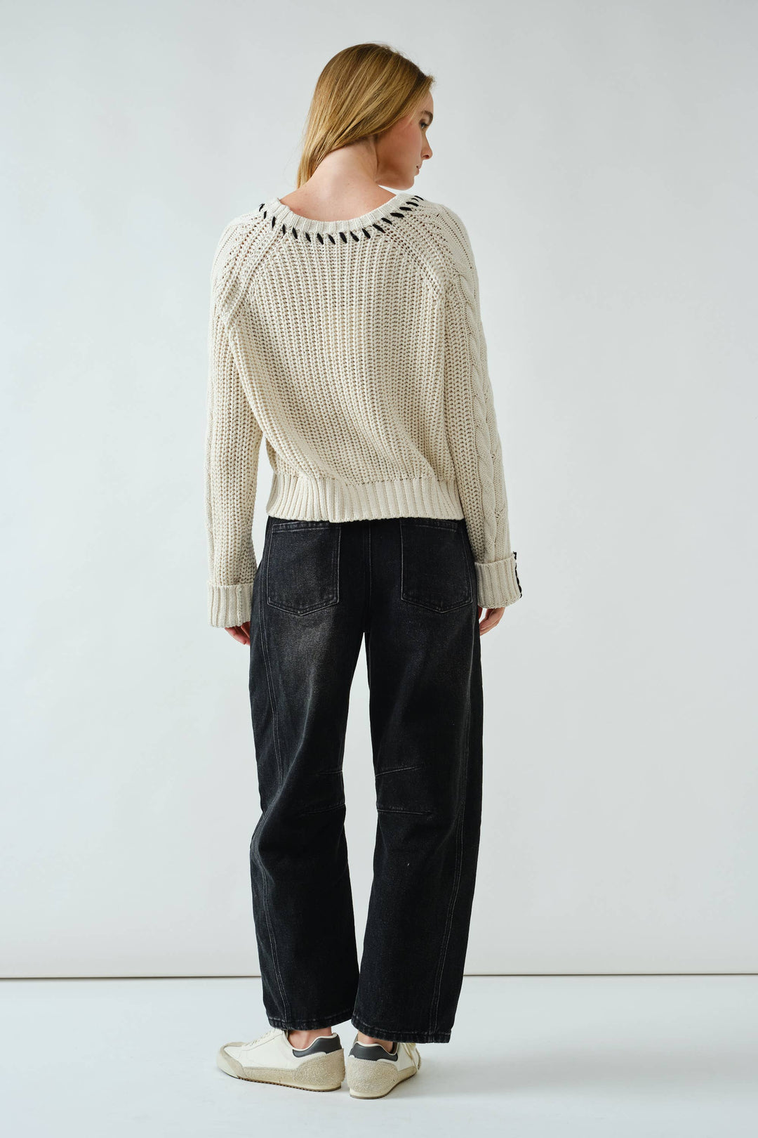 Cable Knit Sweater With Stitched Detail