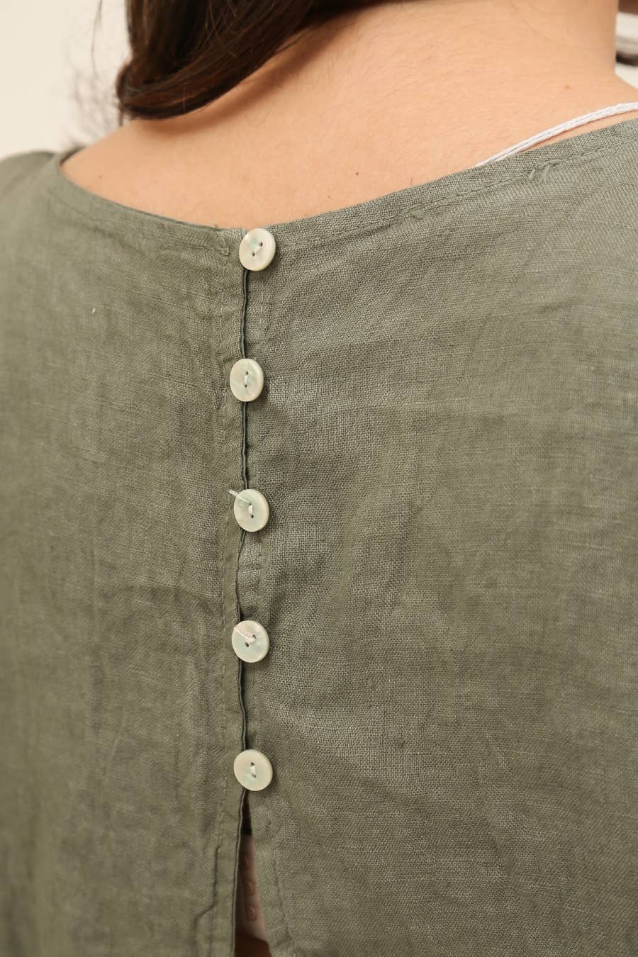 Button Back Tie Waist Linen Top