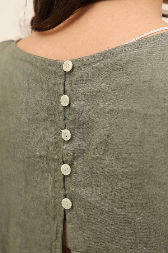 Button Back Tie Waist Linen Top