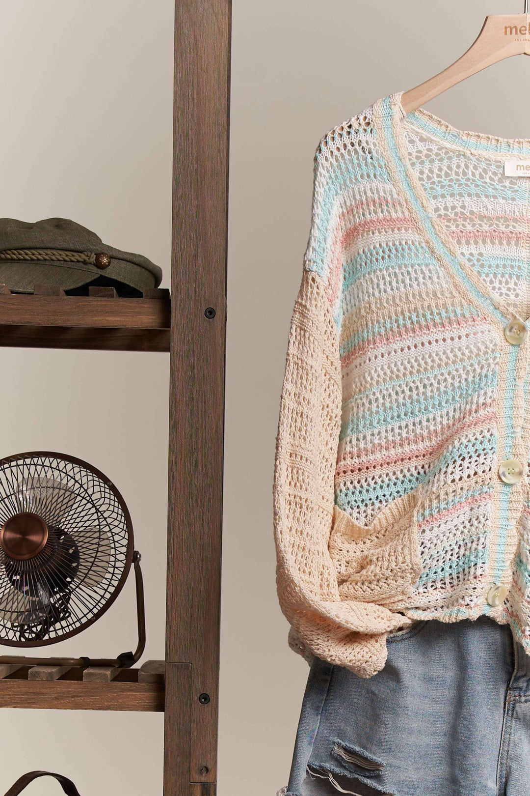 Button Down Multi Stripe Crochet Cardigan