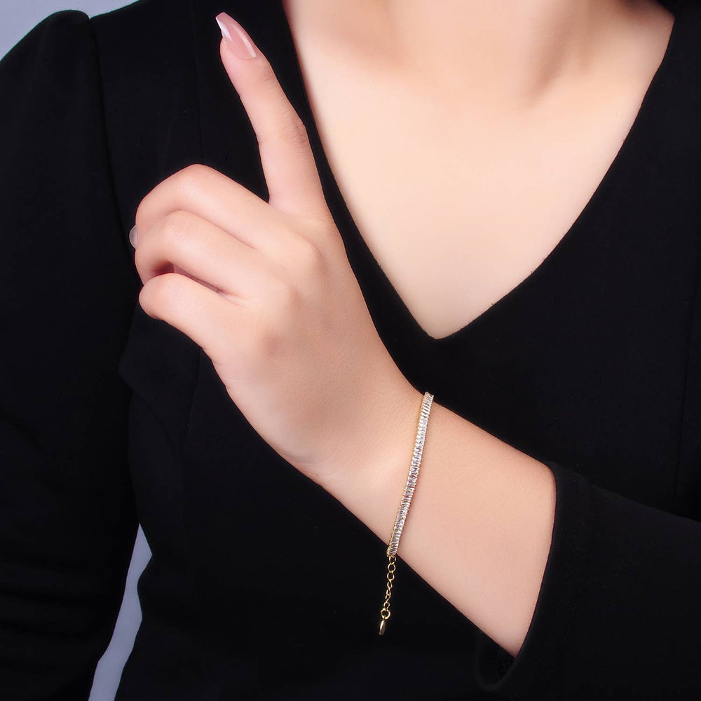 24K Gold Filled Cubic Zirconia Baguette Cut Tennis Bracelet