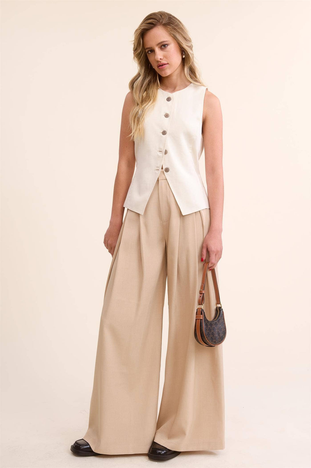 Low Waist  Wide Leg Pleated Trouser Pants