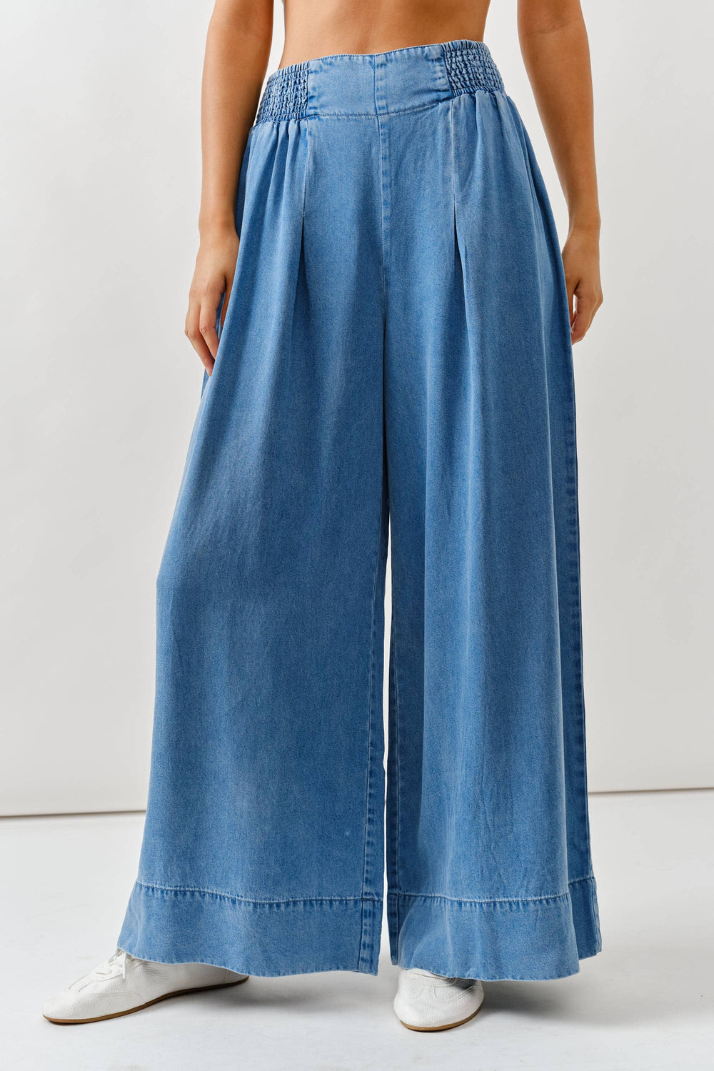 Smock Waist Soft Denim Wide Trousers