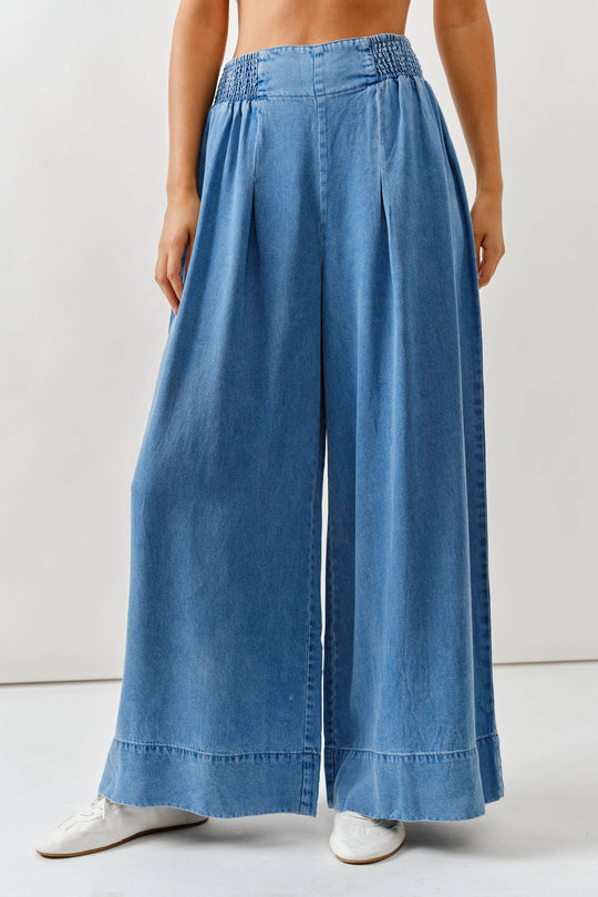 Smock Waist Soft Denim Wide Trousers