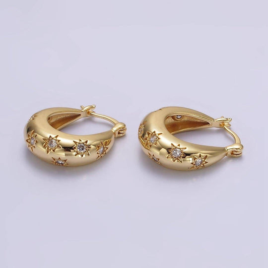 16K Gold Filled Oblong Dome Latch Hoop Earrings With Celestial Cubic Zirconia