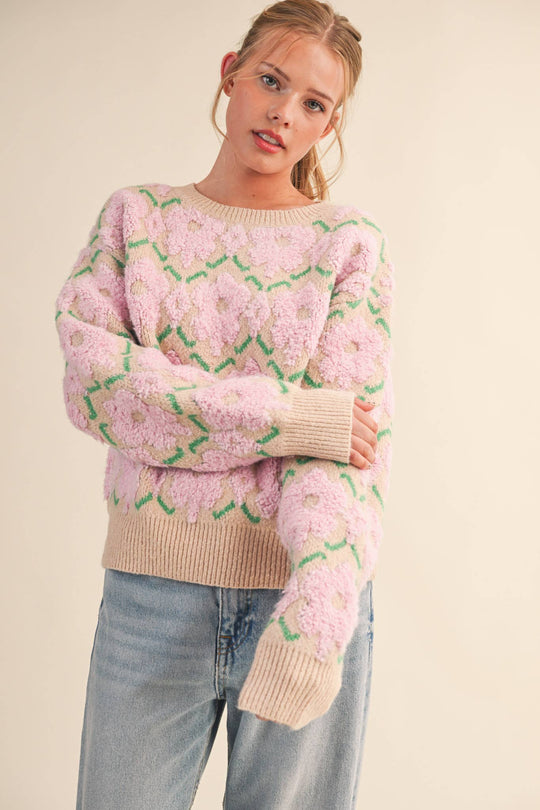 Fuzzy Pink Floral Sweater
