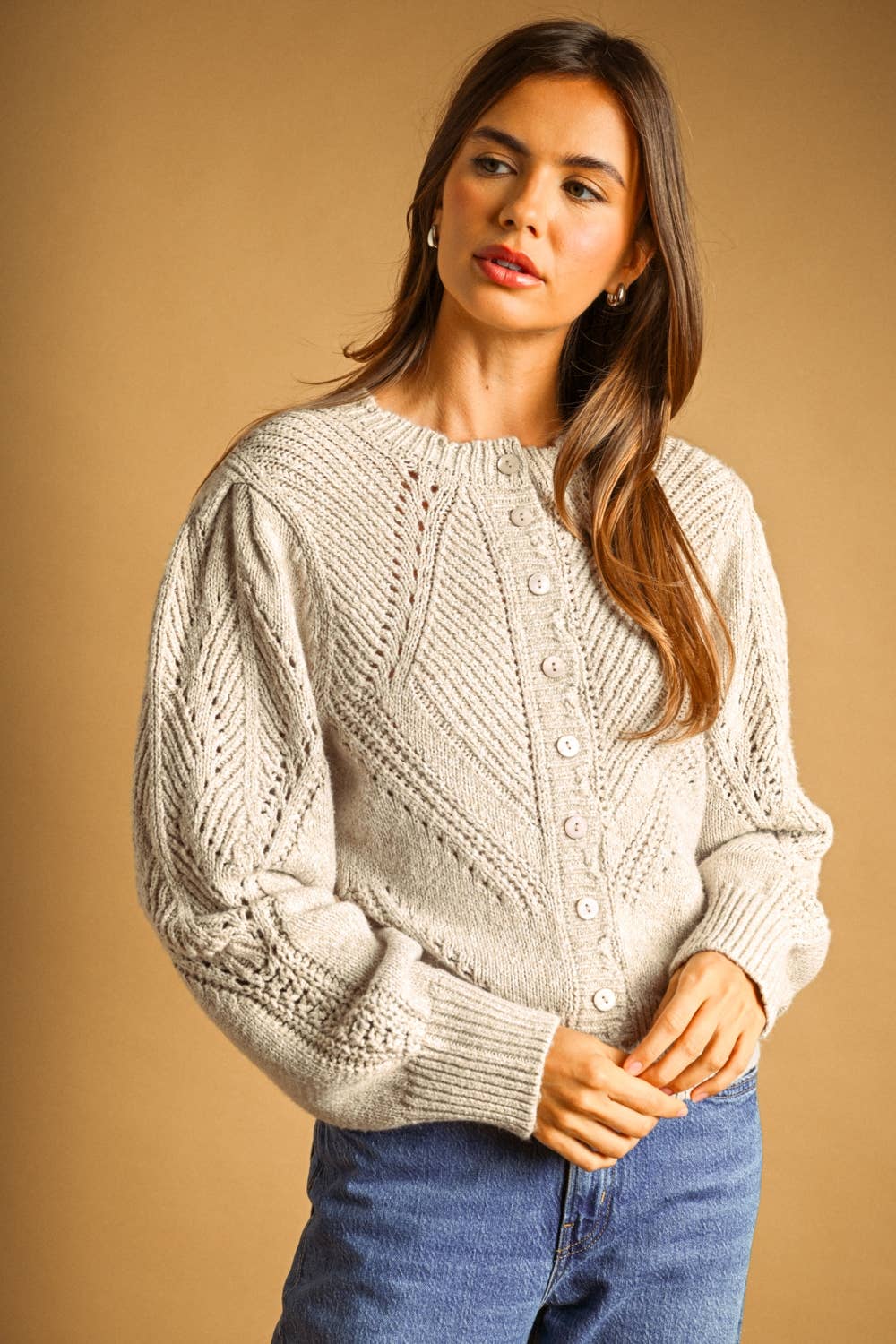 Pointelle Openwork Knit Cardigan with Buttons