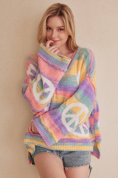 Pastel Rainbow Striped Peace Sign Sweater