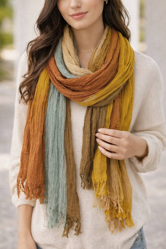 Soft Crinkle Textured Multi-Tone Stripe Scarf with Raw Edge Fringe