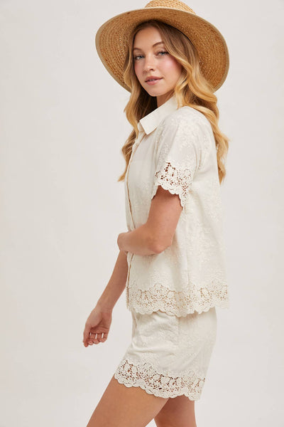 Embroidered Lace Trim Short Sleeve Button Down