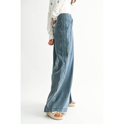 Wide Leg Stretch Denim With Scallop Trim