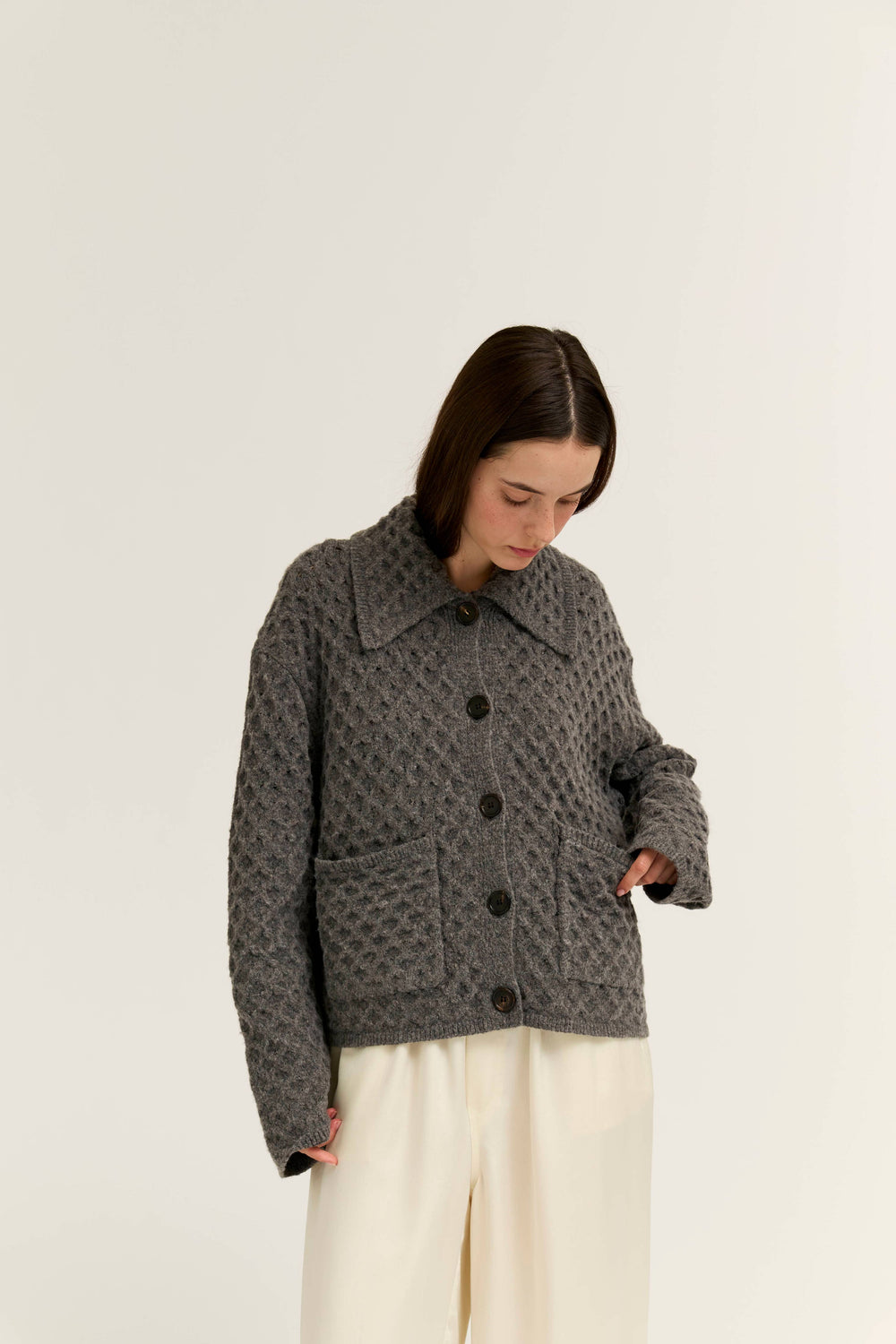 Textured Knit Sailor Collar Cardigan