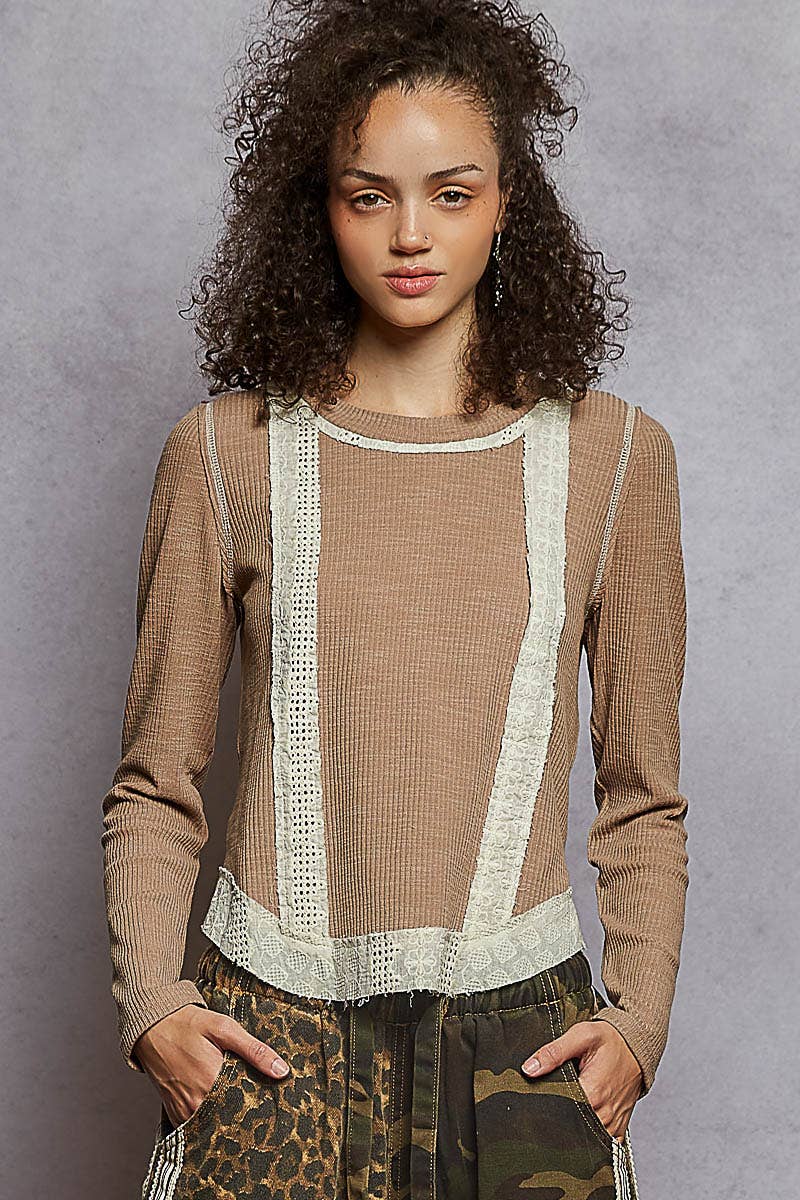 Long Sleeve Raw Edge Patch Rib Knit Top