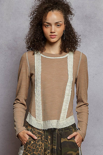 Long Sleeve Raw Edge Patch Rib Knit Top
