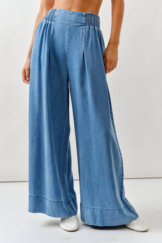 Smock Waist Soft Denim Wide Trousers