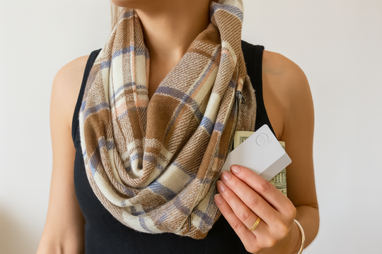 Brown Pink and Blue Plaid Infinity Scarf with Zipper Pocket