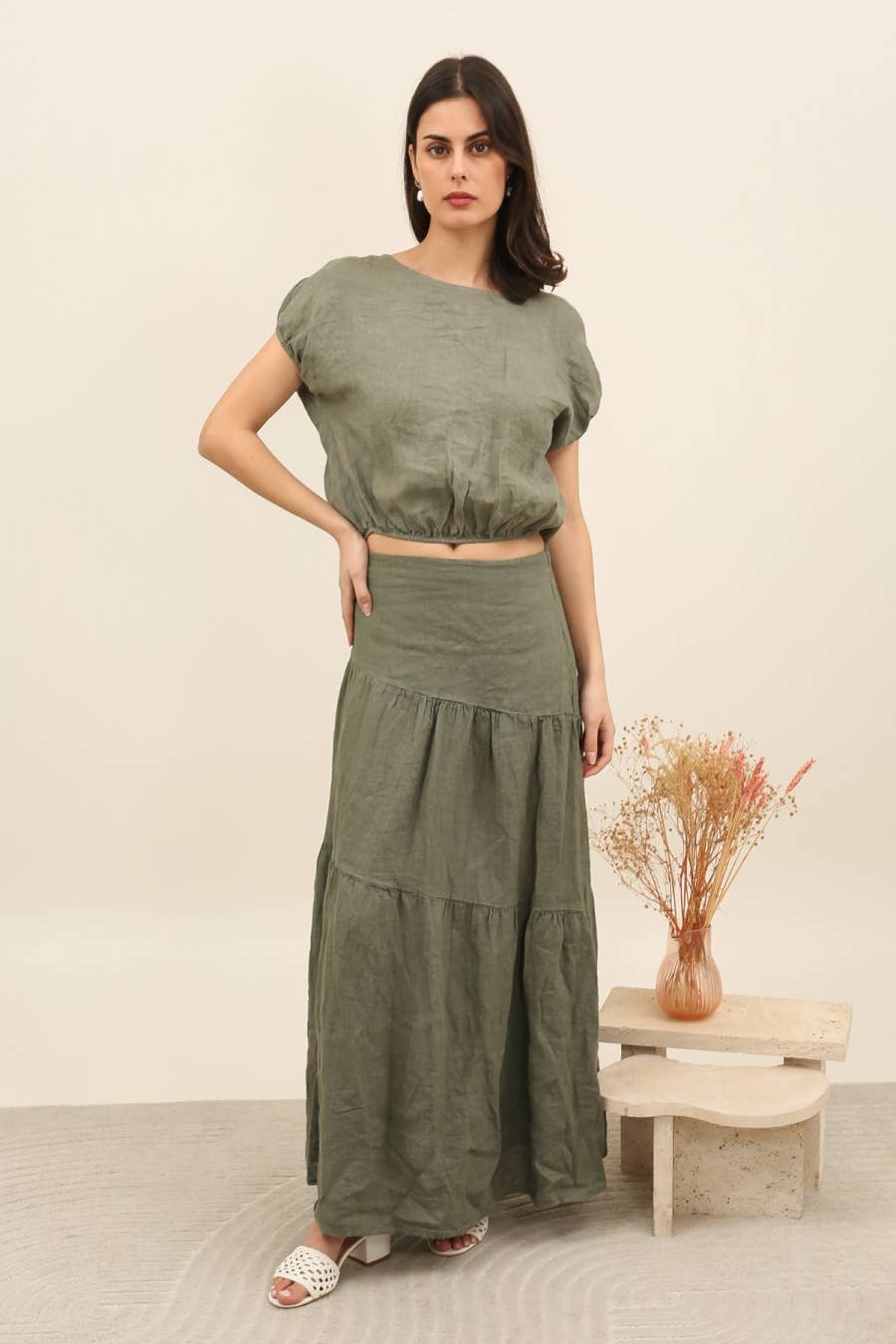 Button Back Tie Waist Linen Top