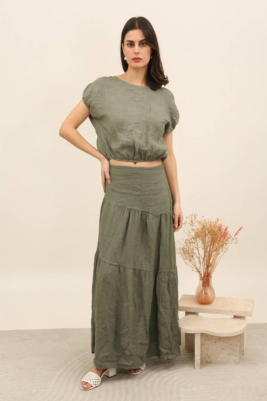 Button Back Tie Waist Linen Top