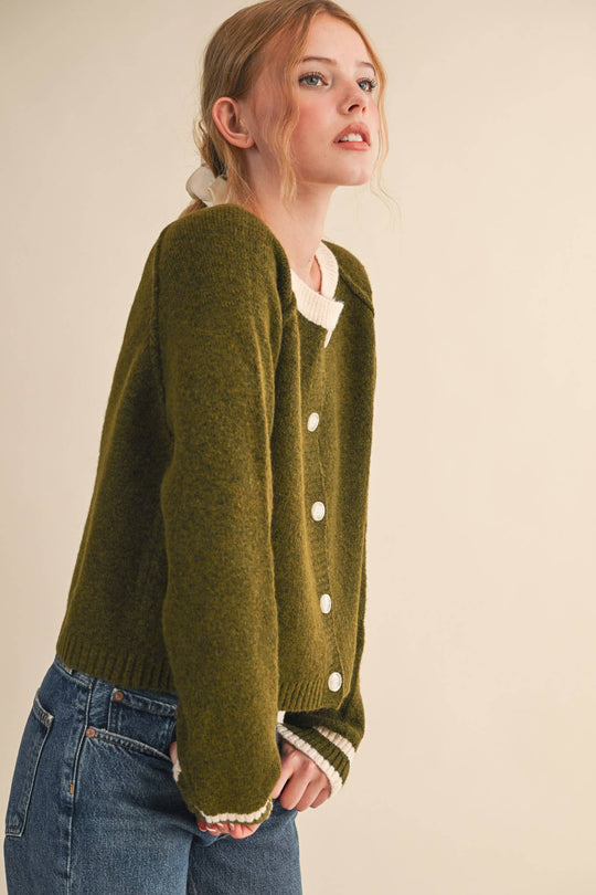 Olive & Cream Round Neck Cardigan