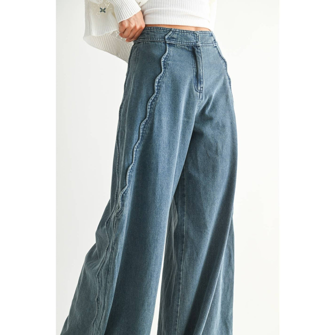 Wide Leg Stretch Denim With Scallop Trim