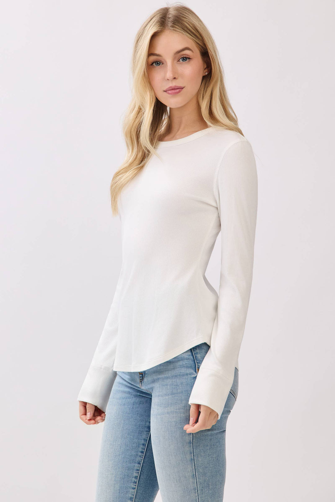 Ribbed Crew Neck Long Sleeve Fitted Top