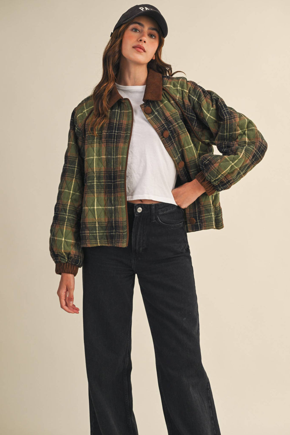 Plaid Quilted Jacket With Corduroy Collar
