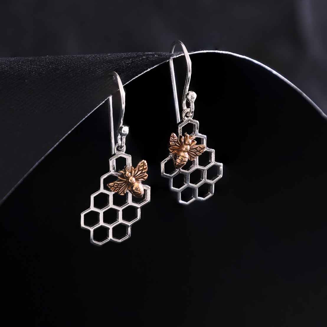 Silver Honeycomb Dangle Earring with Bronze Bee