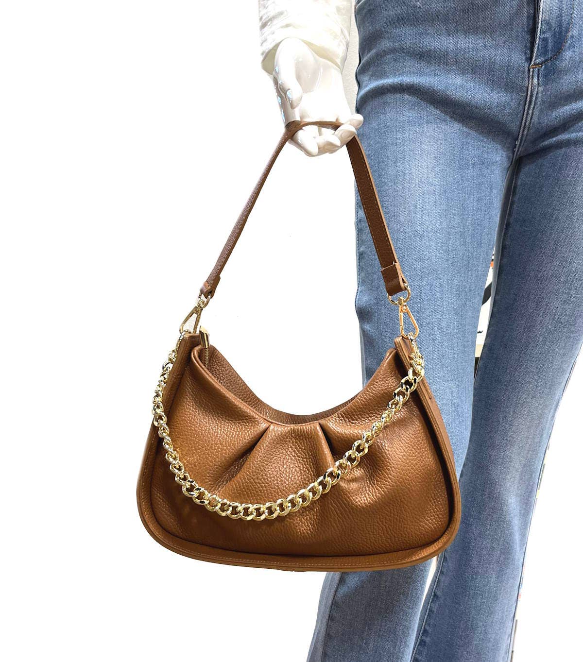 Suie Valentini Brown Leather Bag with Gold Chain Accent - Simple Good