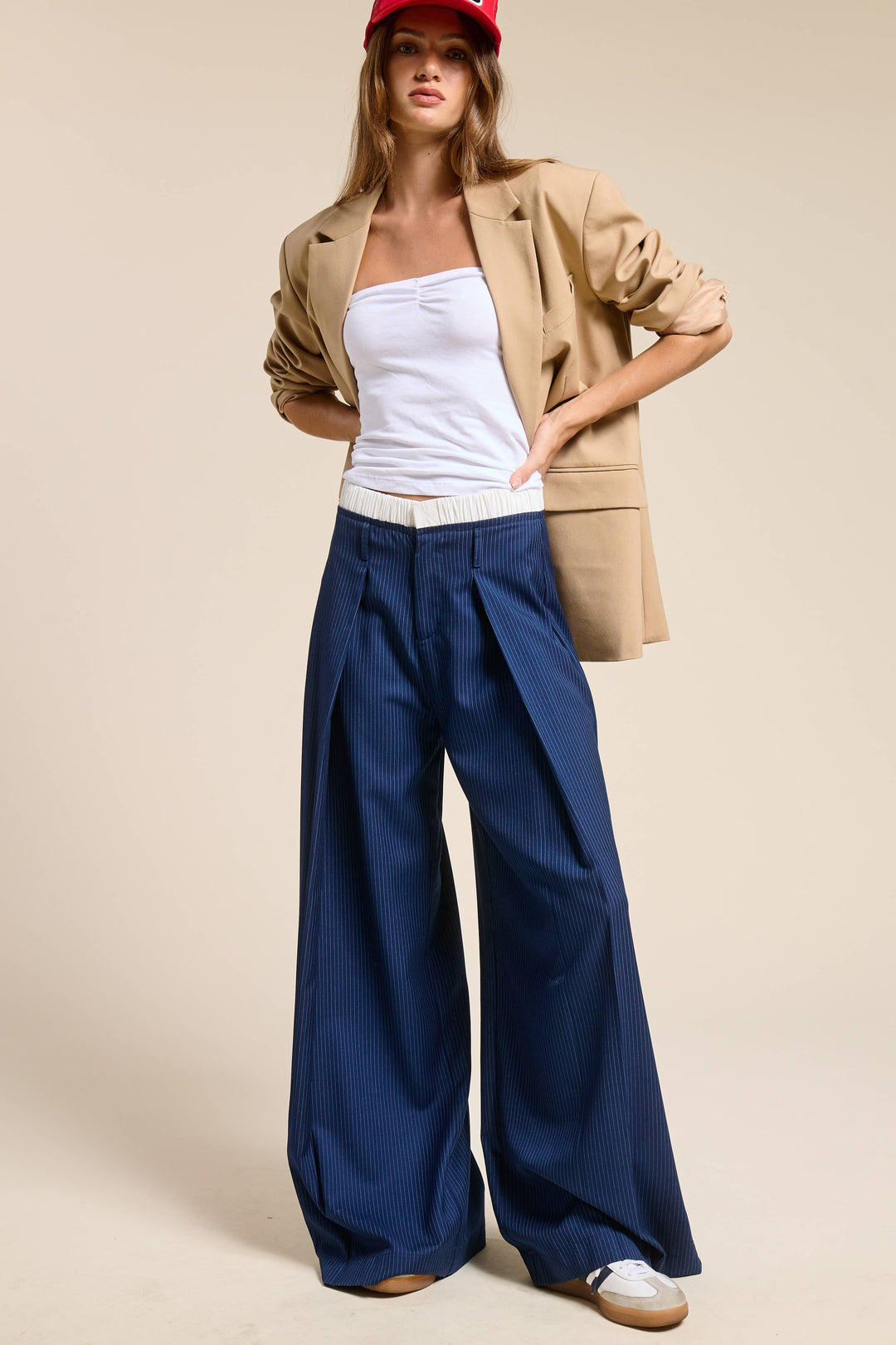 Pinstripe Wide Leg Pants with Contrast Waistband