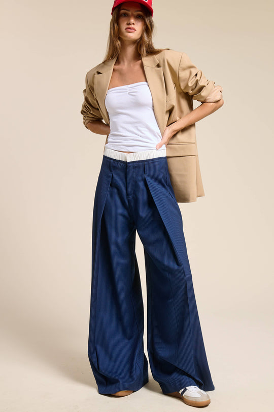 Pinstripe Wide Leg Pants with Contrast Waistband