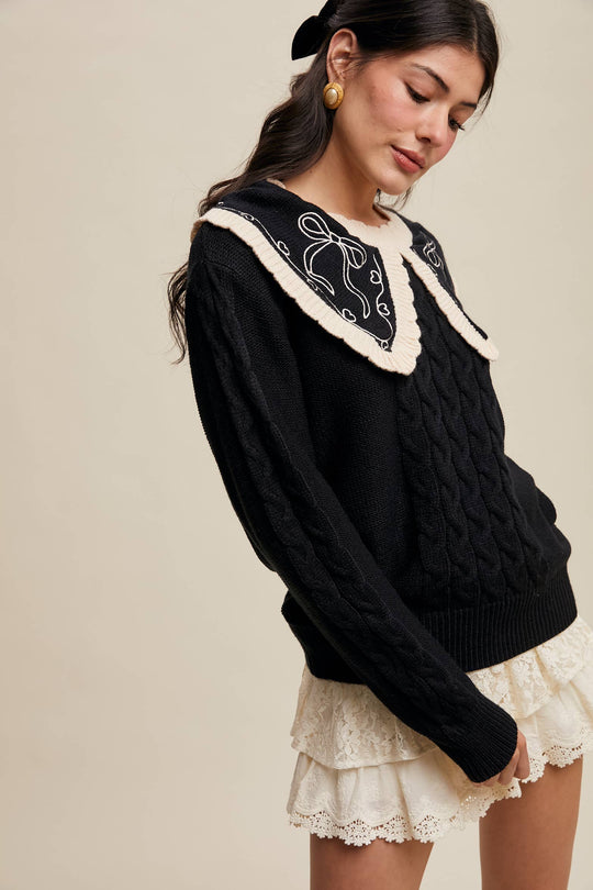 Bow Embroidered Cable Knit Sweater