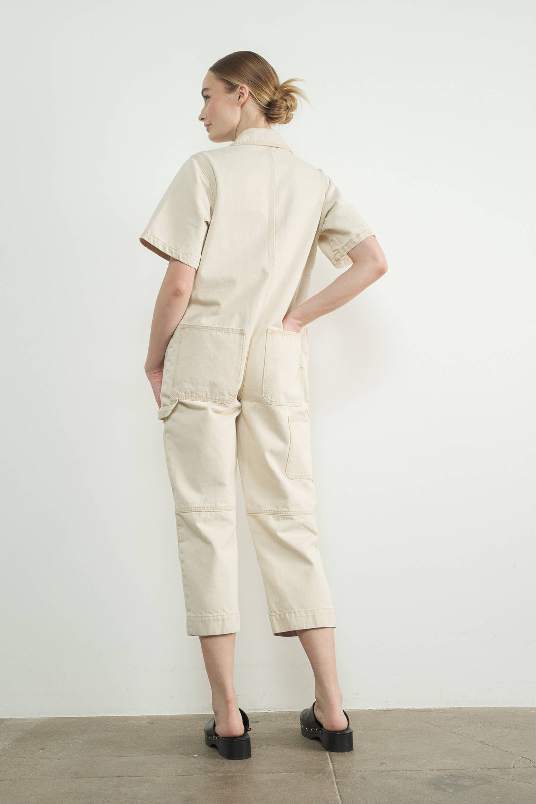 Denim Short Sleeve Collared Jumpsuit