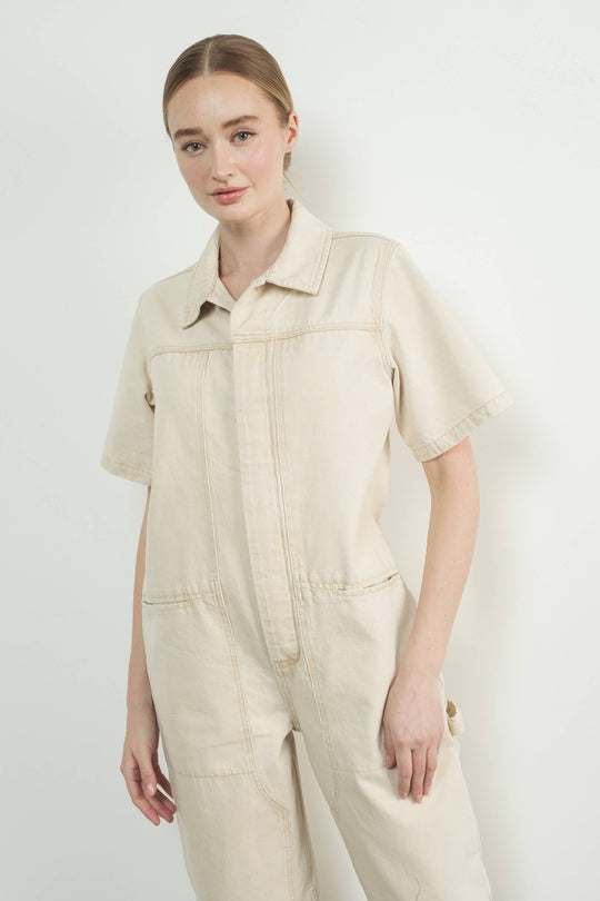 Denim Short Sleeve Collared Jumpsuit