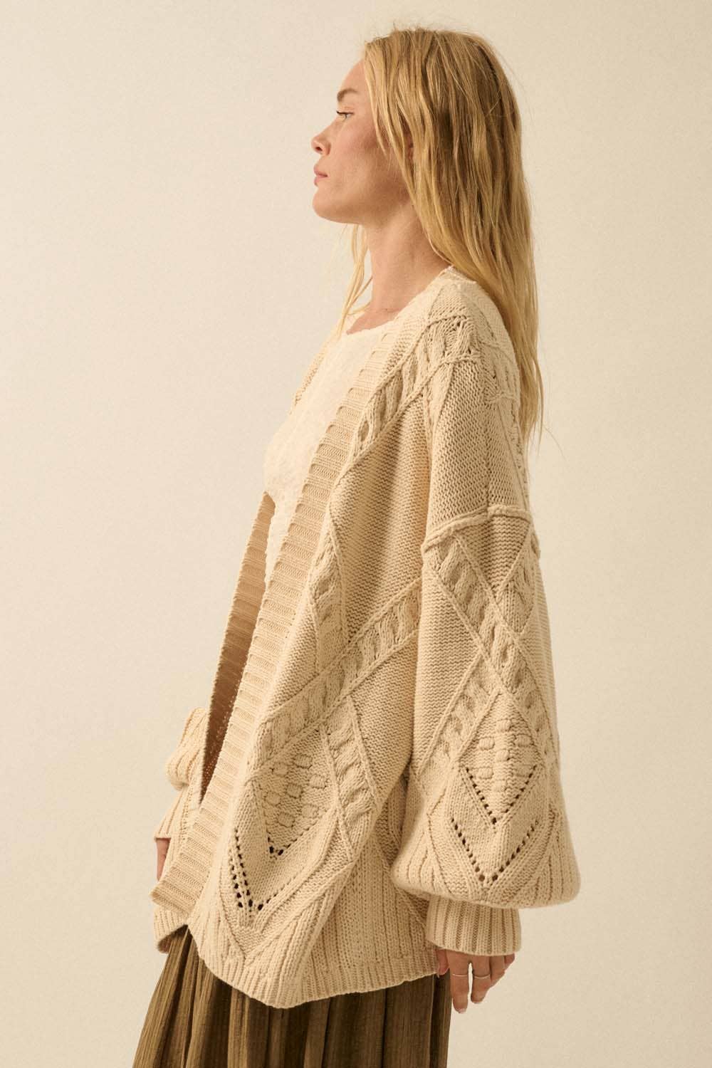 Cable-Knit Oversize Balloon-Sleeve Cardigan