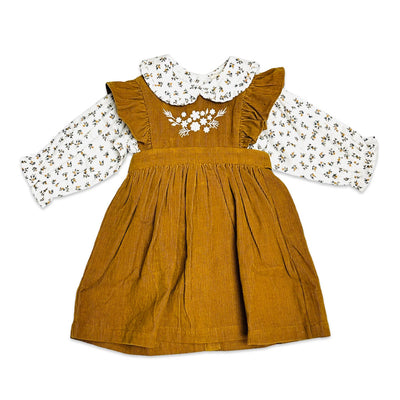 Corduroy Pinafore Baby Dress & Floral Shirt Set