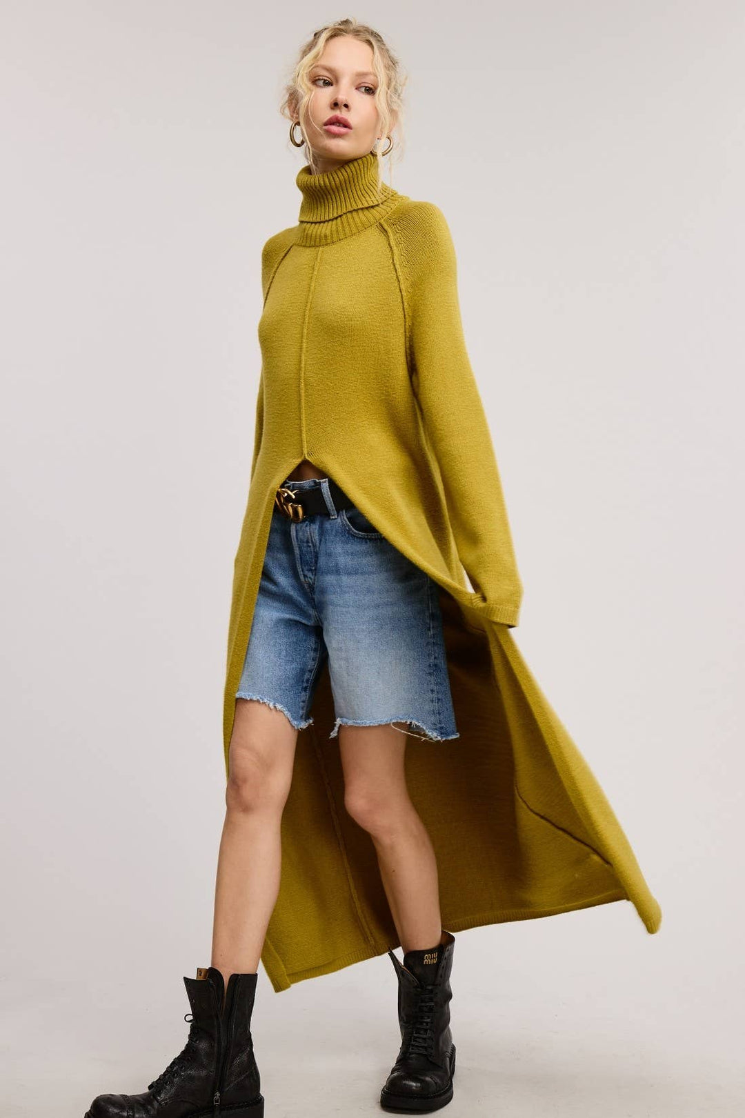 Ribbed Turtleneck Tunic Sweater Dress with Slit