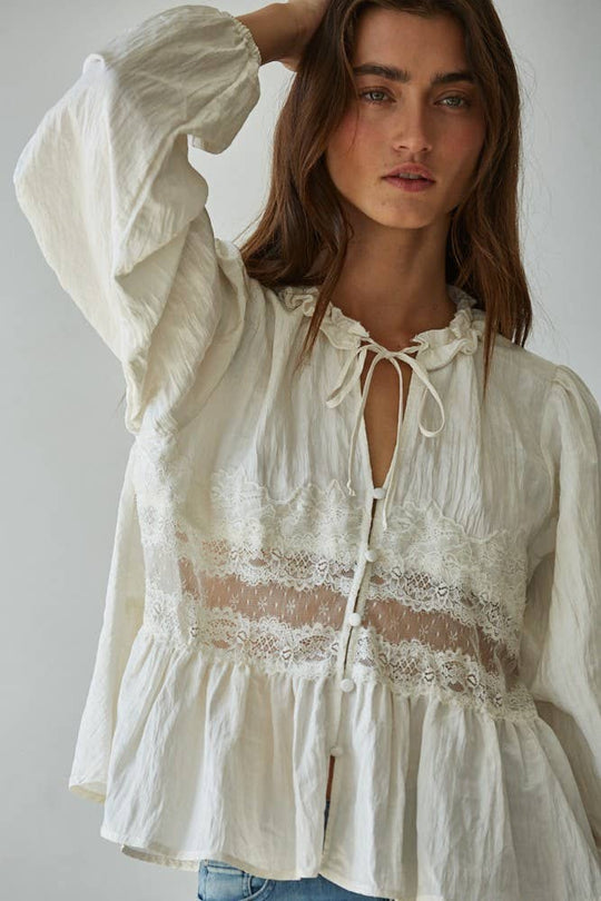 Woven Sheer Lace Detail Blouse